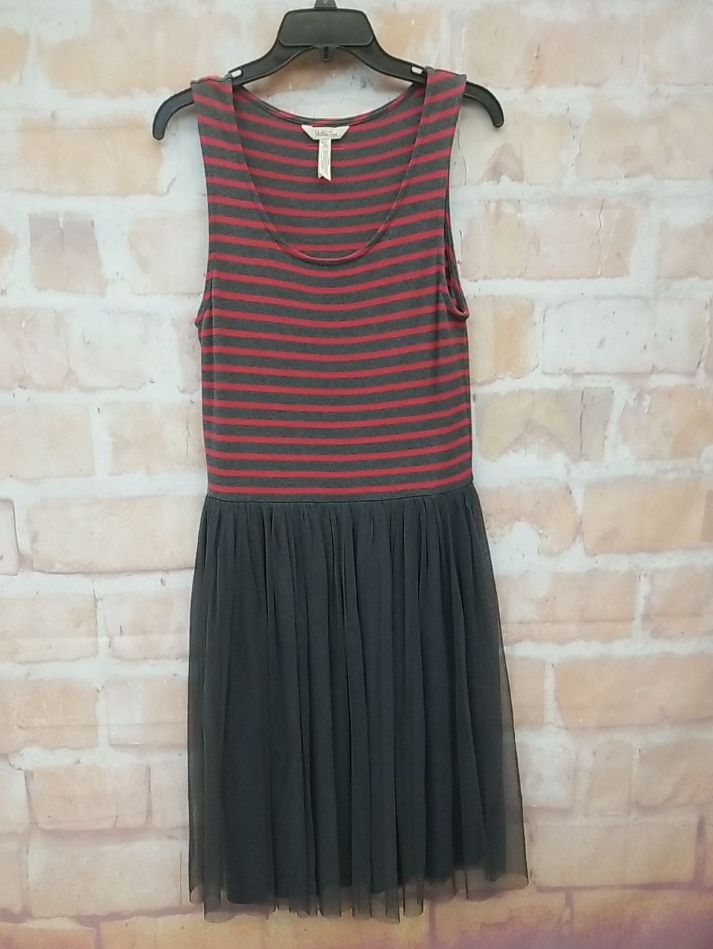 Matilda Jane Striped Red & Gray Sleeveless Dress with Tulle Skirt